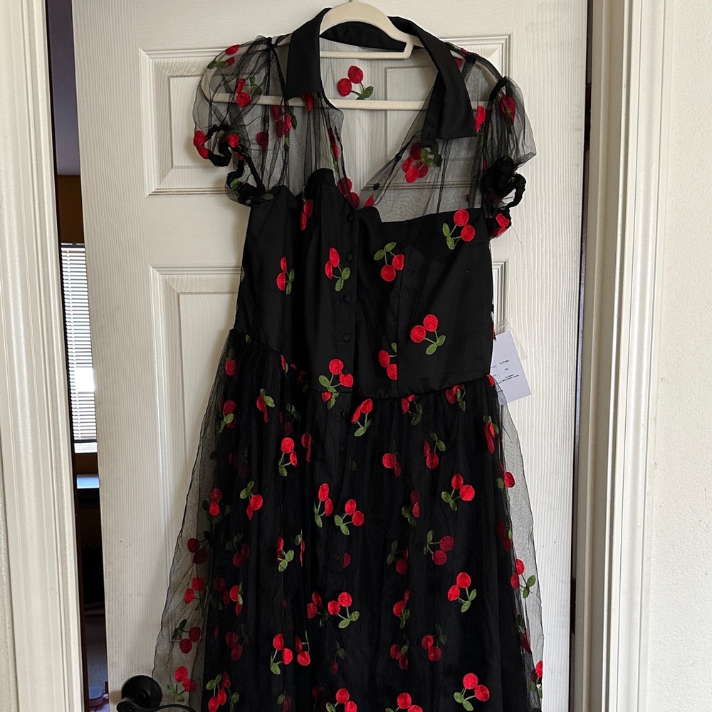 NWT Unique Vintage Black Dress with Red Cherry Embroidery